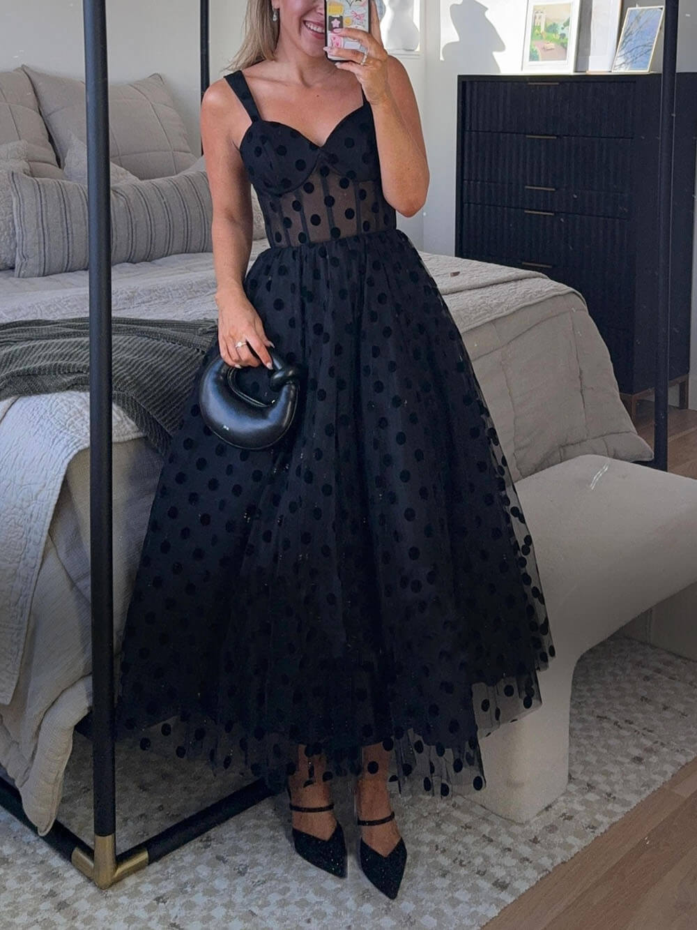 Vestido midi de corte A con escote en forma de corazón y lunares de tul exquisito y perfecto