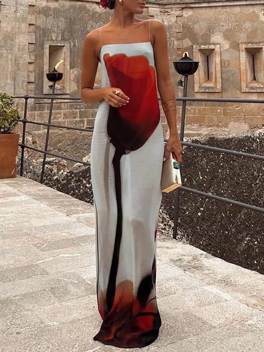 Vestido largo de corte en H con estampado de tulipanes abstractos para vacaciones