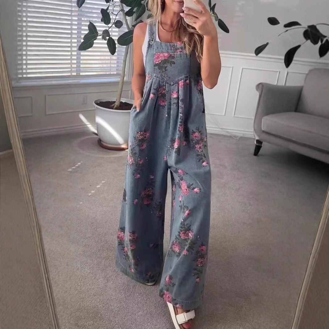 Women's Casual Printed Denim Overalls with Pockets