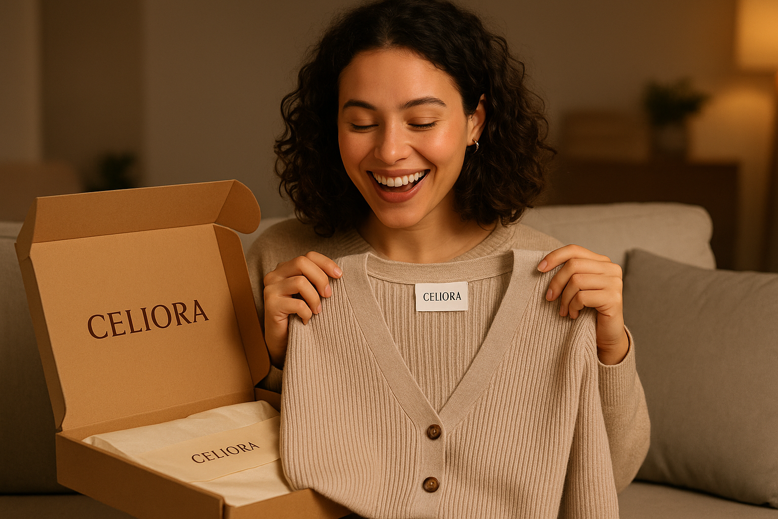 A CARDIGAN FROM CELIORA WITH LOGO INSIDE A PACKAGE WITH ALSO CELIORA BRAND JUST OPENED BY A CUSTOMER WHO RECEIVED THE ORDER AND SHE IS VERY HAPPY