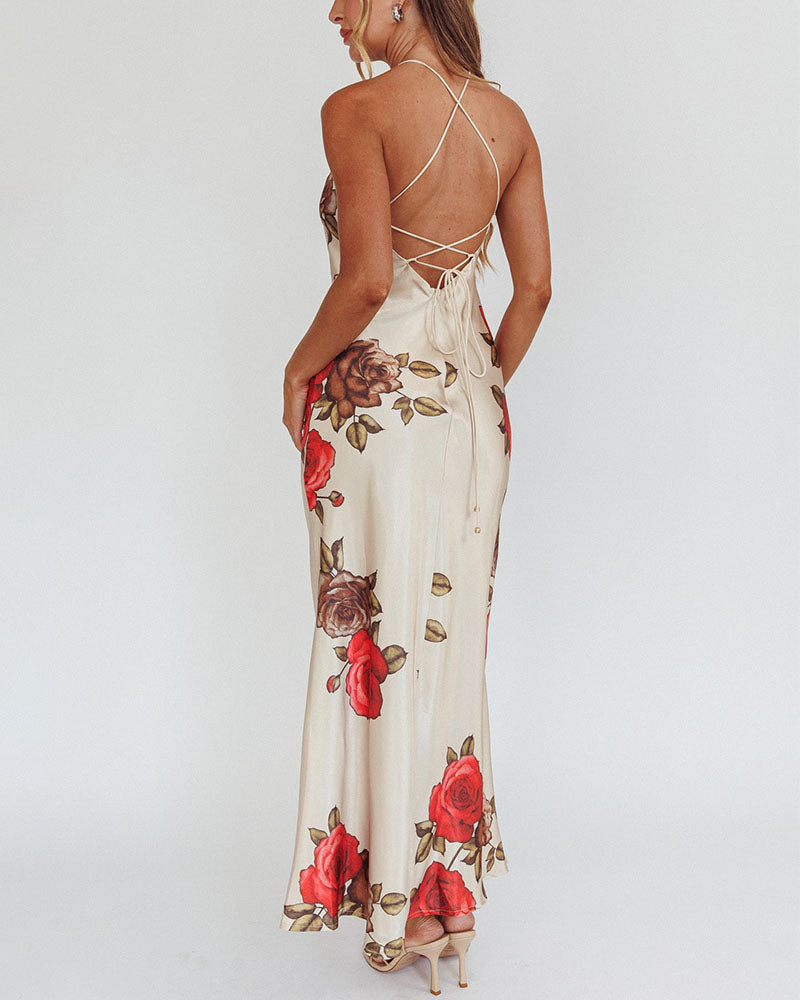 Vacation backless strappy printed dress