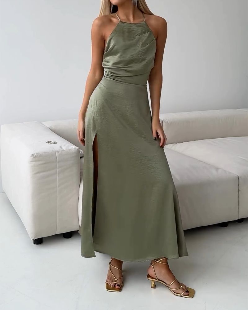 Halter Neck Pleated Solid Color Dress