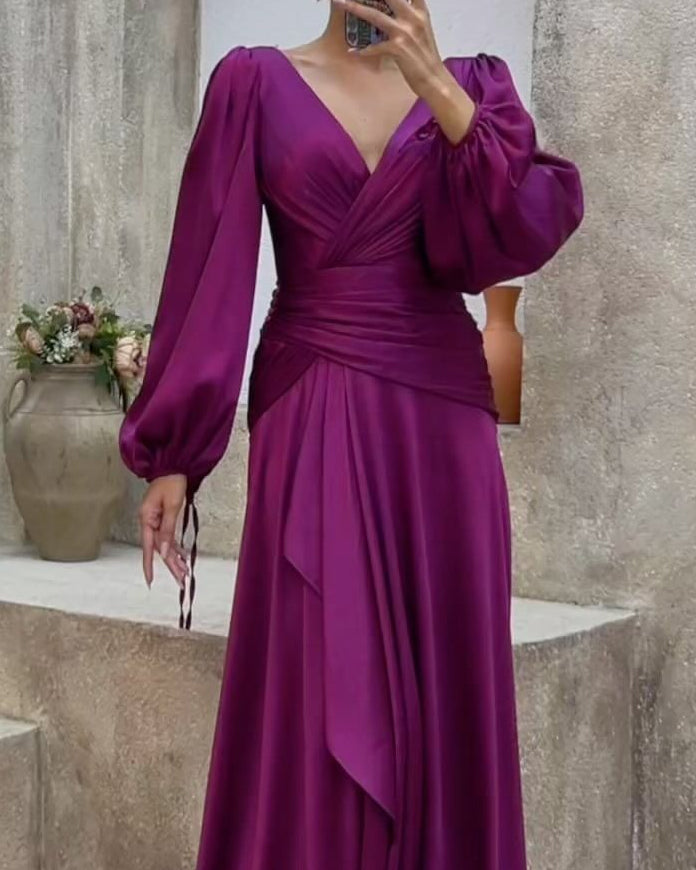 V-neck long-sleeved waist solid color dress