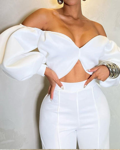 One shoulder solid color two piece set