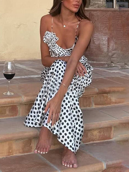 Vestido largo con volantes y guipur de fantasía con estampado de lunares