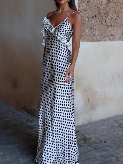 Vestido largo con volantes y guipur de fantasía con estampado de lunares