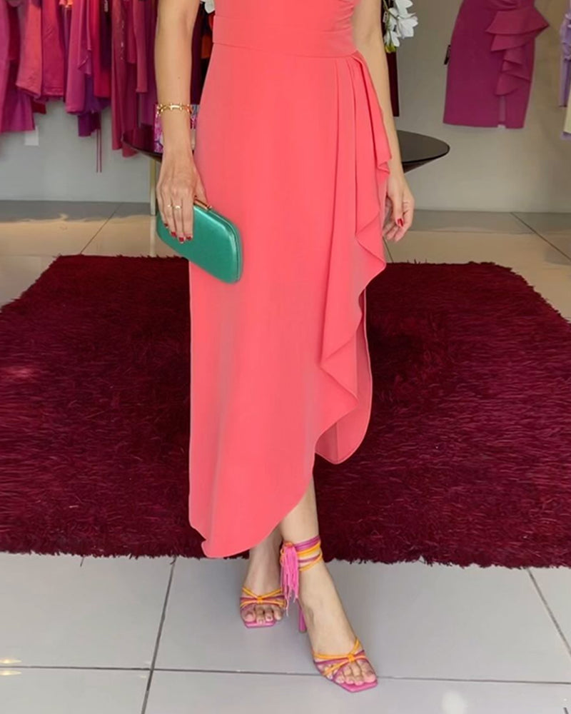 One shoulder solid color slit dress