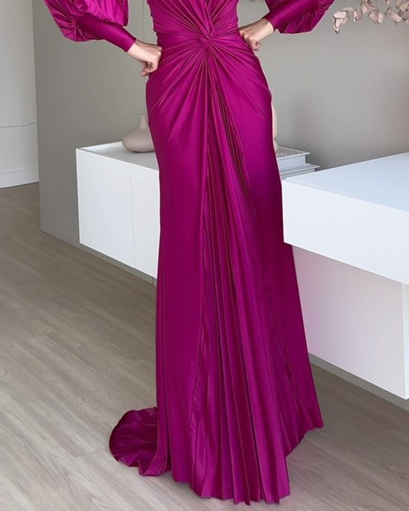 Long sleeve waist solid color pleated dress