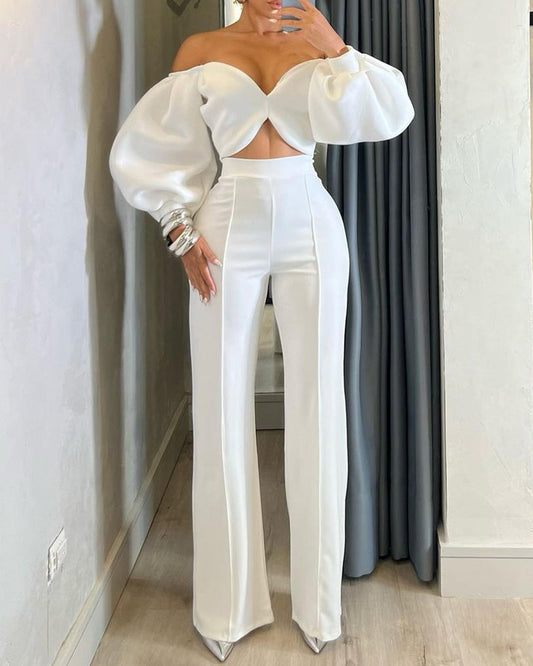 One shoulder solid color two piece set