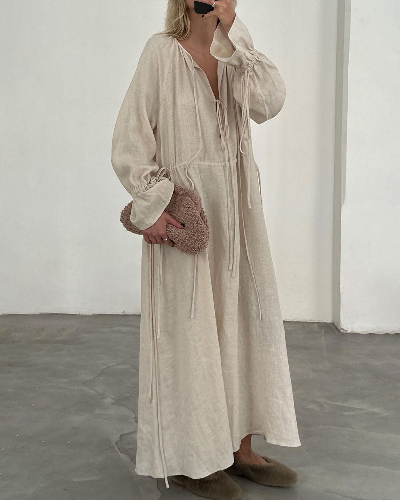 Robe décontractée en coton et lin ample à lacets 