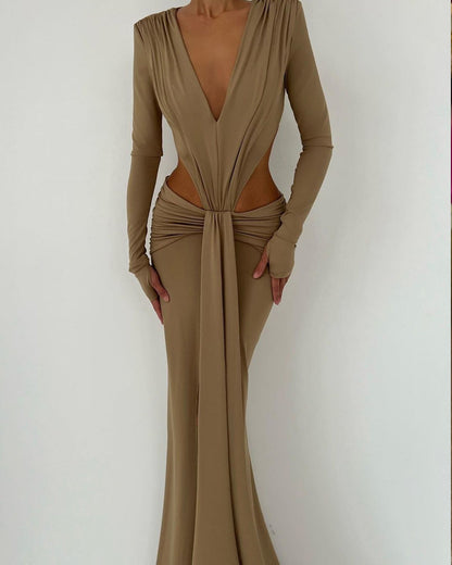 Long-sleeved V-neck solid color hollow dress