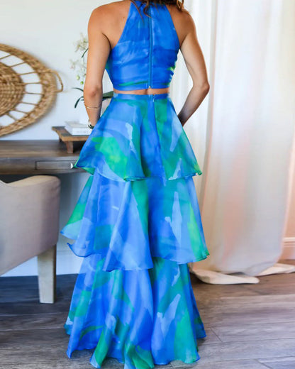 Sleeveless printed layered skirt two-piece set