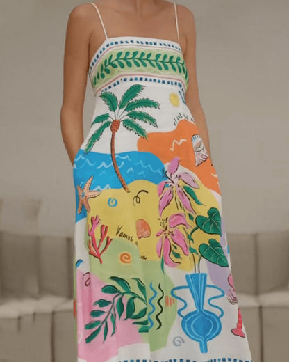 Summer island vacation print suspender dress