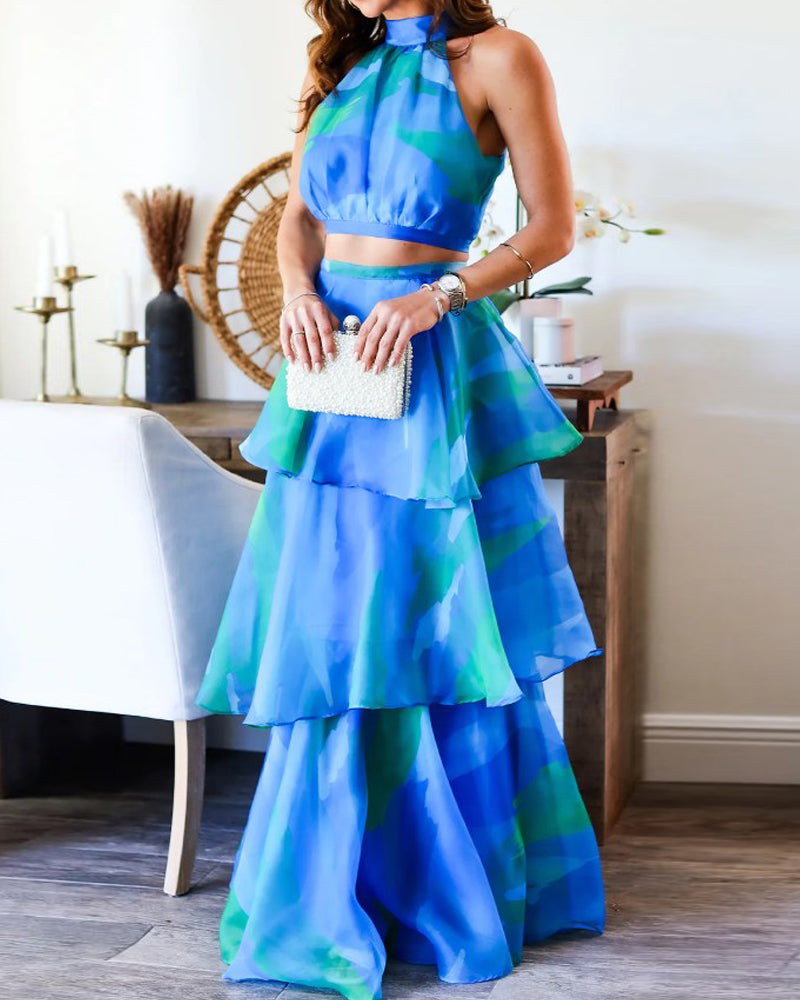 Sleeveless printed layered skirt two-piece set