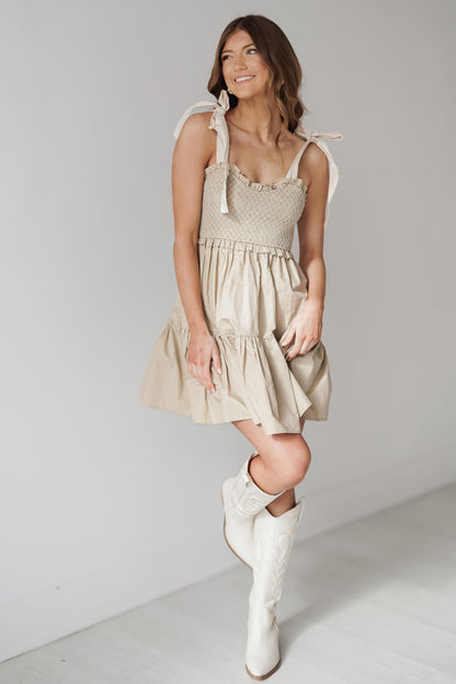Iris Shoulder Tie Mini Dress - Khaki