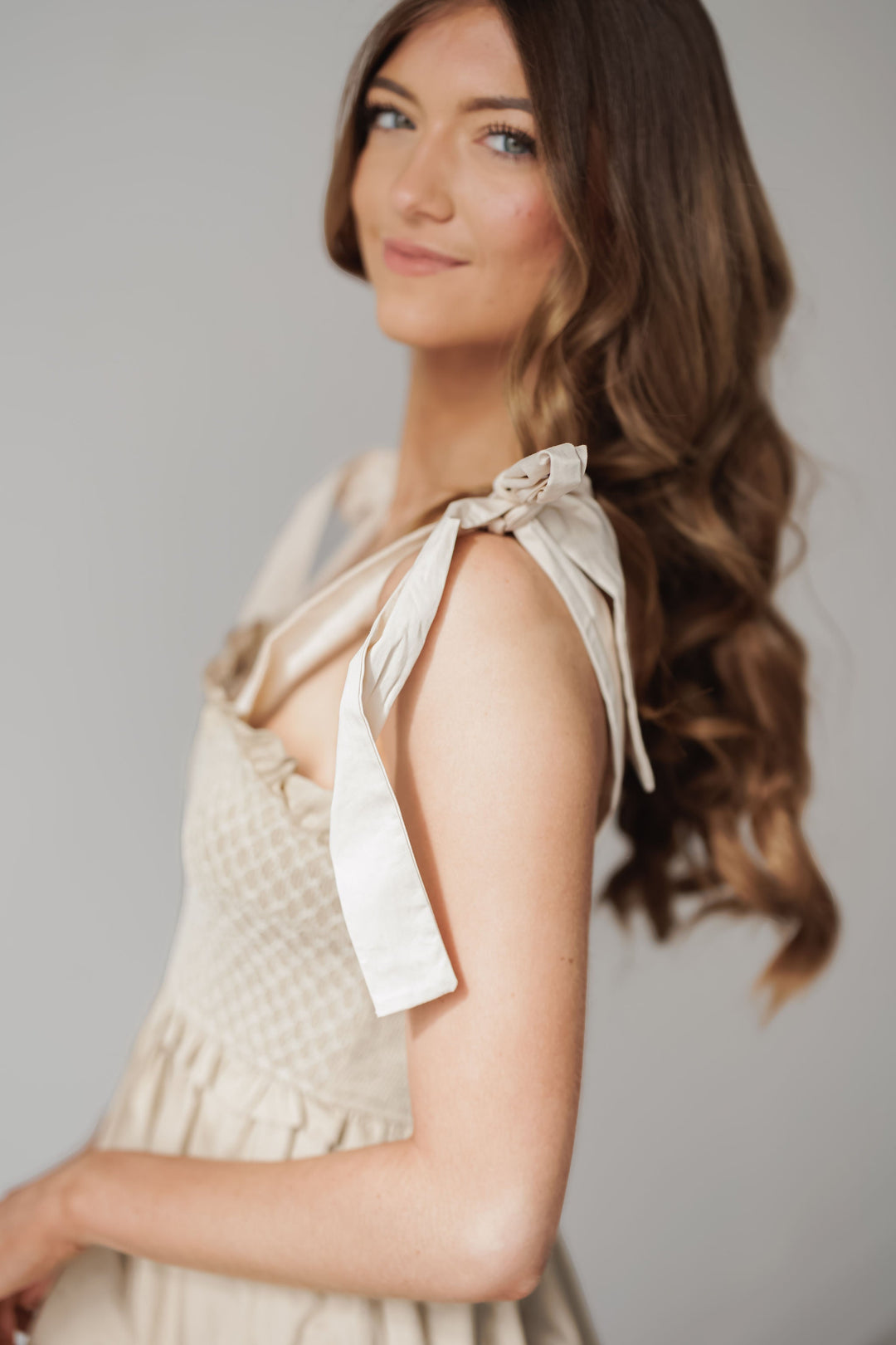 Iris Shoulder Tie Mini Dress - Khaki