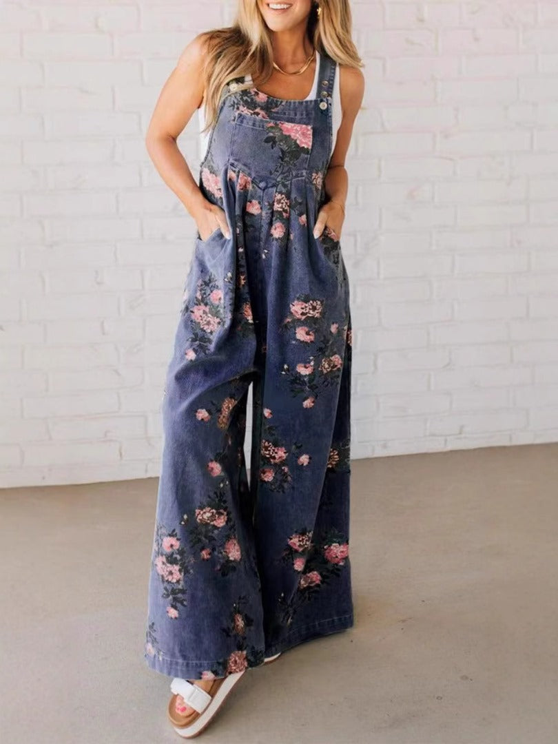 Women's Casual Printed Denim Overalls with Pockets
