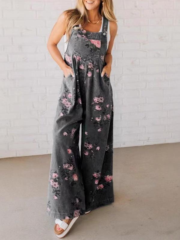 Women's Casual Printed Denim Overalls with Pockets