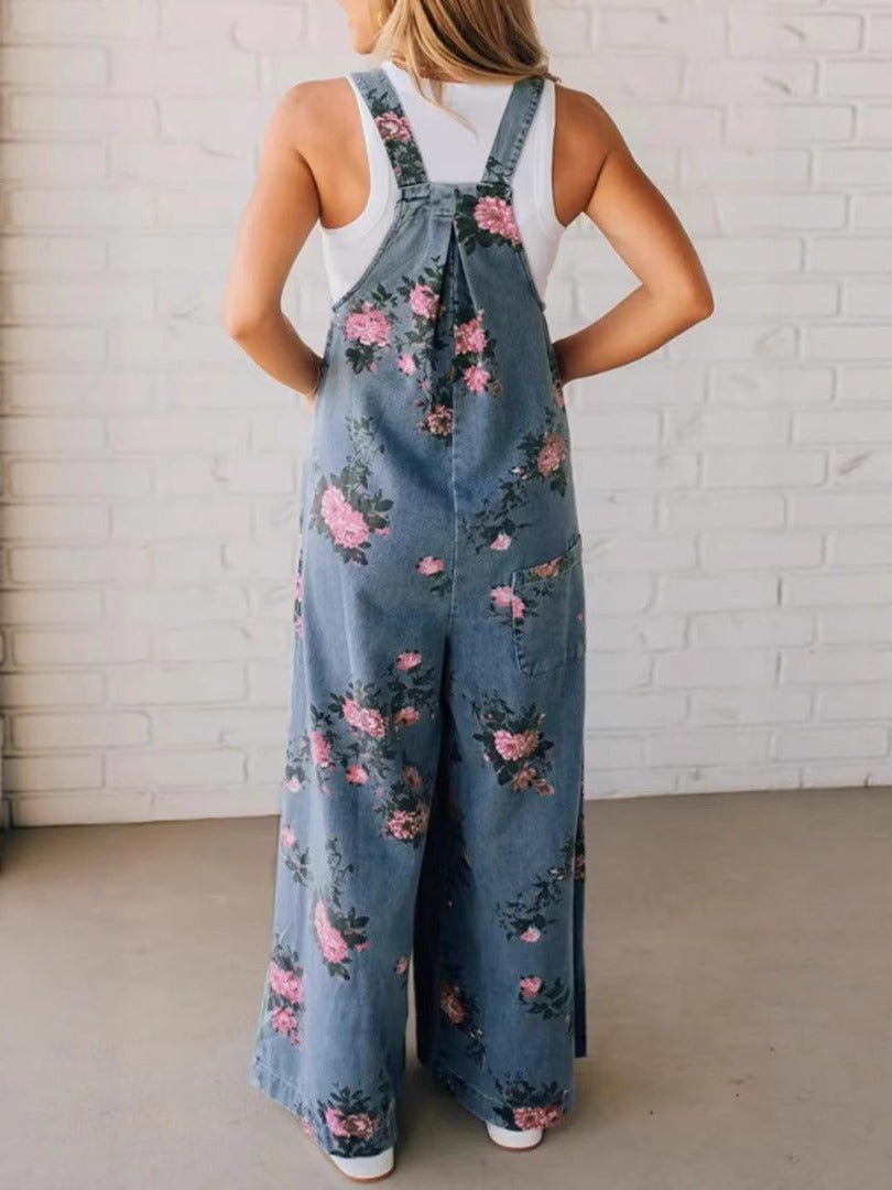 Women's Casual Printed Denim Overalls with Pockets