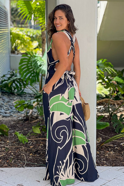 Black And Green Printed Maxi Dress With Pockets