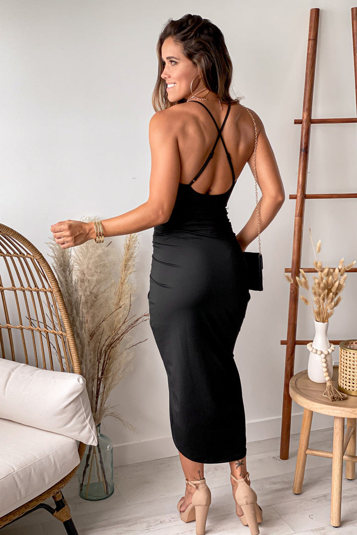 Black Midi Dress With Criss Cross Back