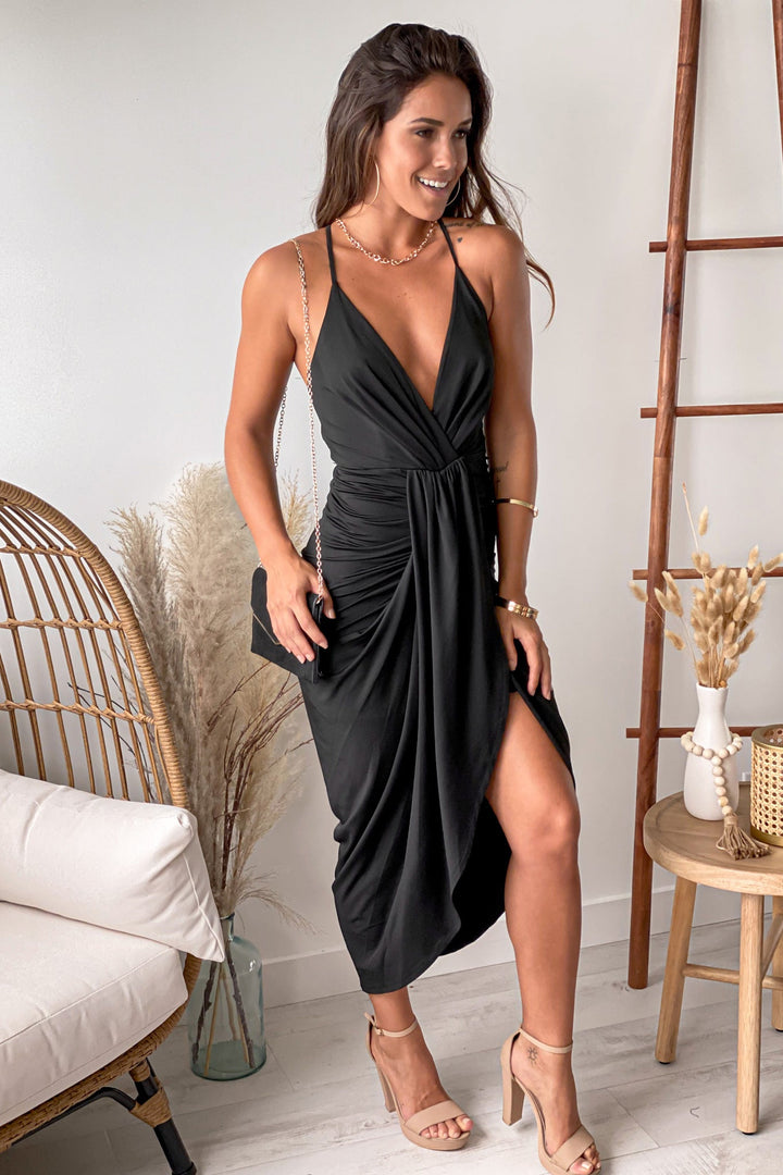 Black Midi Dress With Criss Cross Back