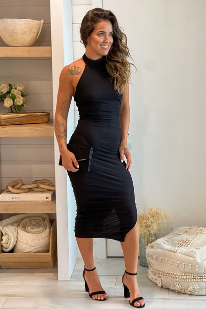 Black Halter Neck Ruched Midi Dress With Side Slit