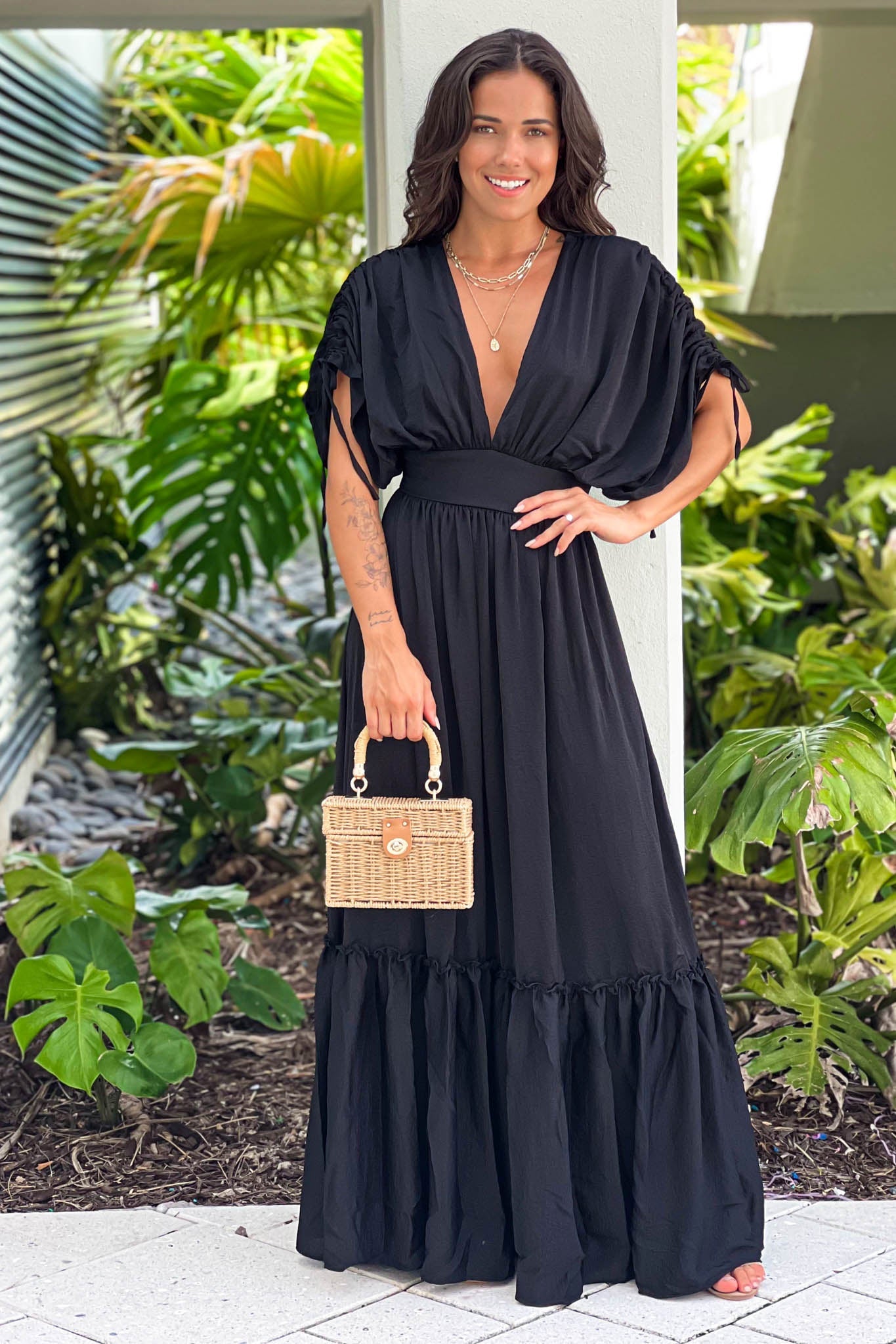 Black Deep V-Neck Maxi Dress