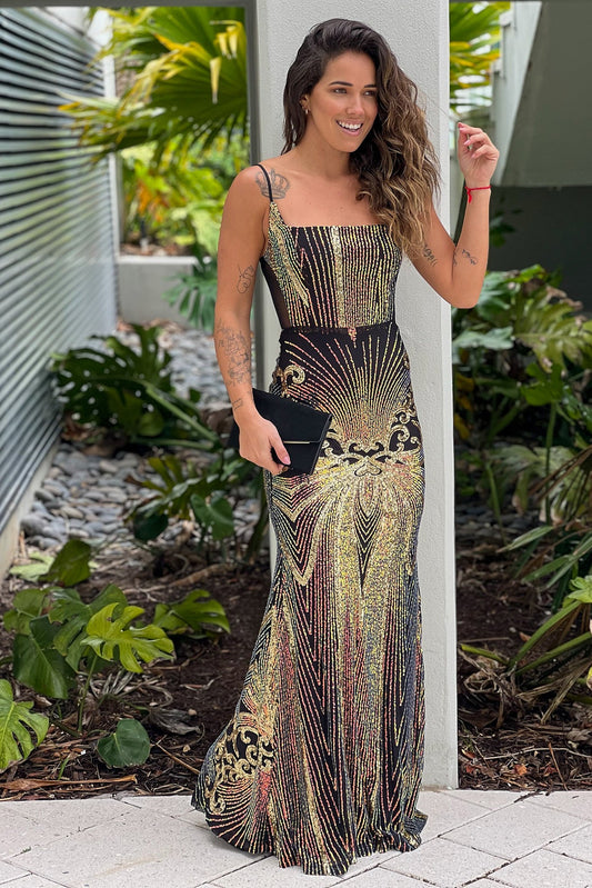 Robe longue noire à sequins multicolores