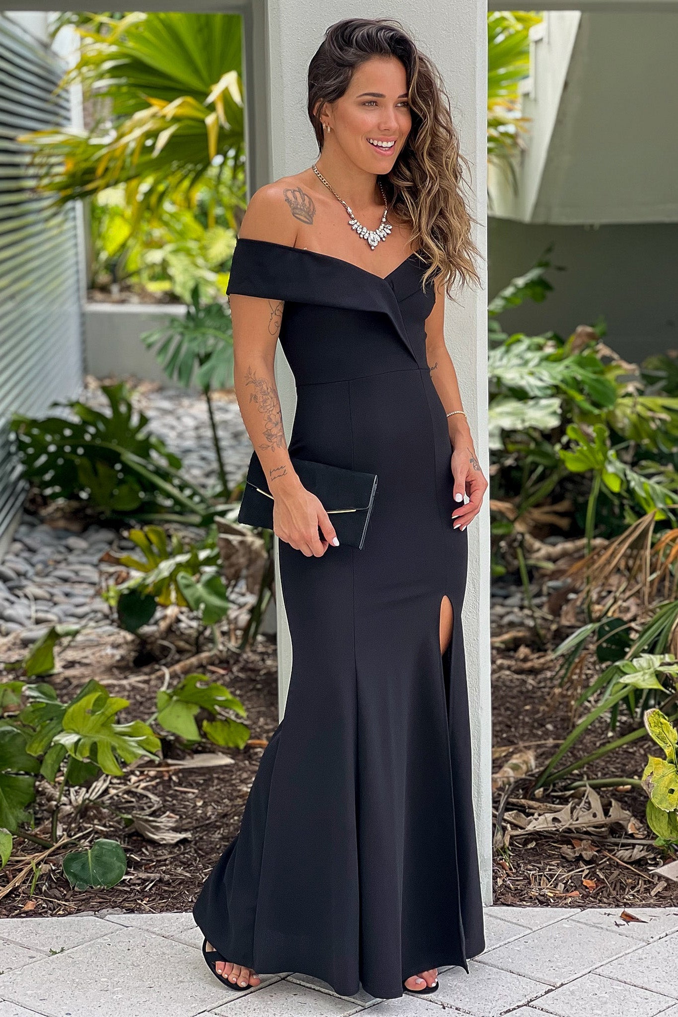 Black Off Shoulder Maxi Dress With High Slit