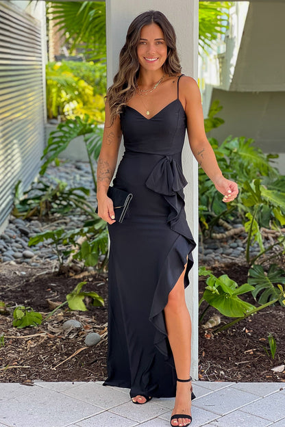 Black Maxi Dress With Ruffle Slit