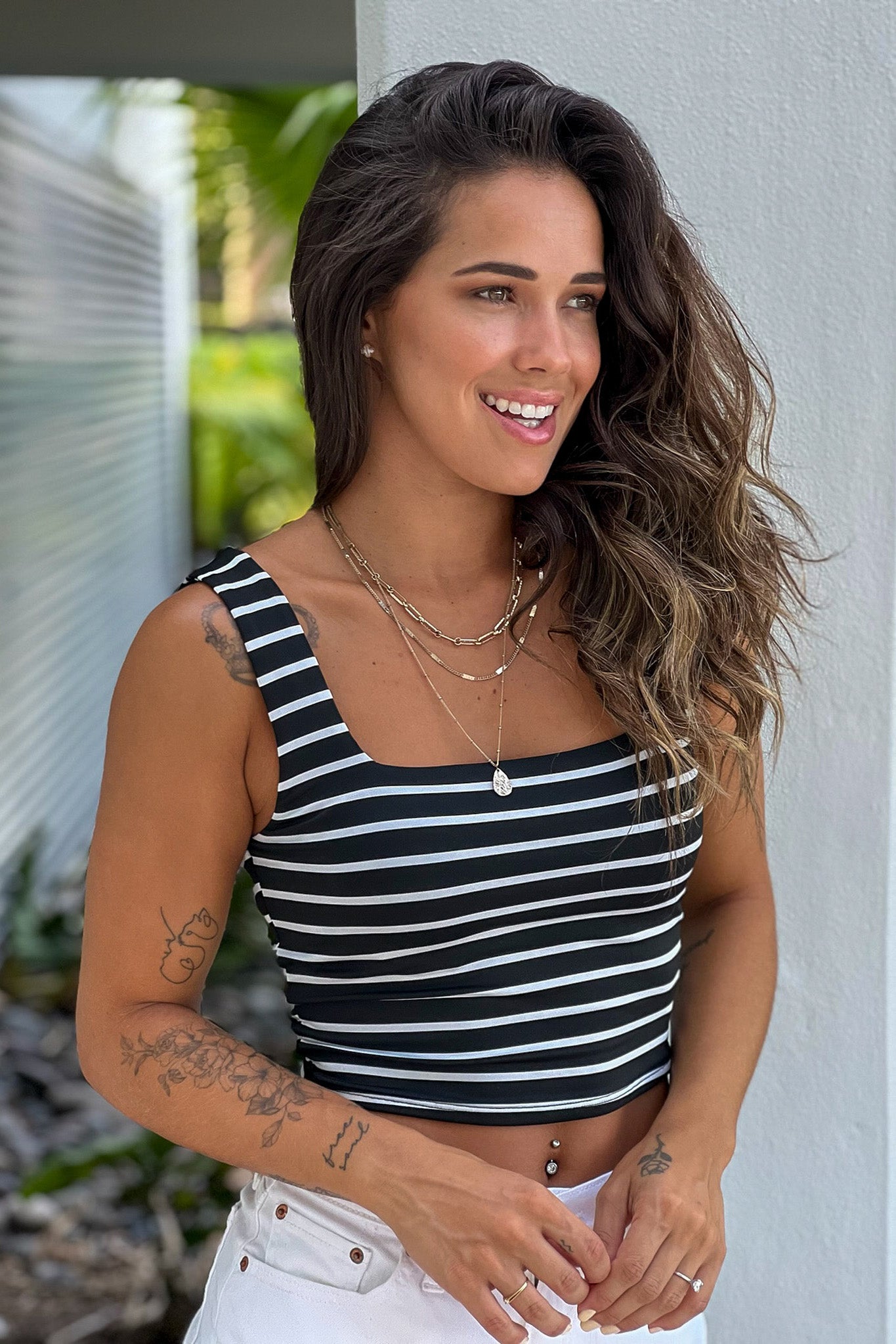 Black Striped Square Neck Crop Top