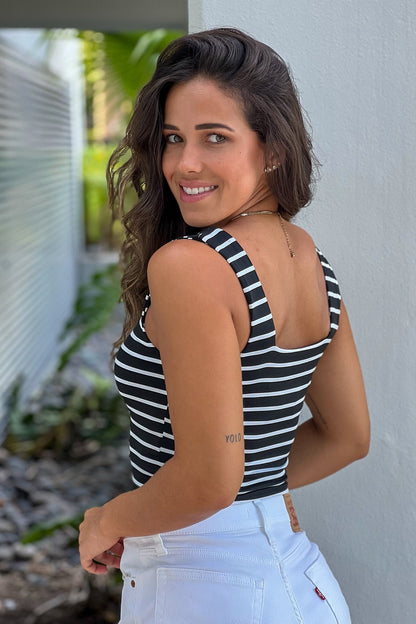 Black Striped Square Neck Crop Top