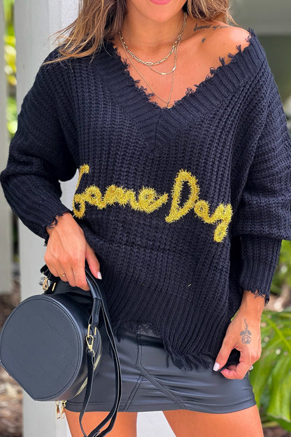 Black V-Neck Frayed "Game Day" Sweater