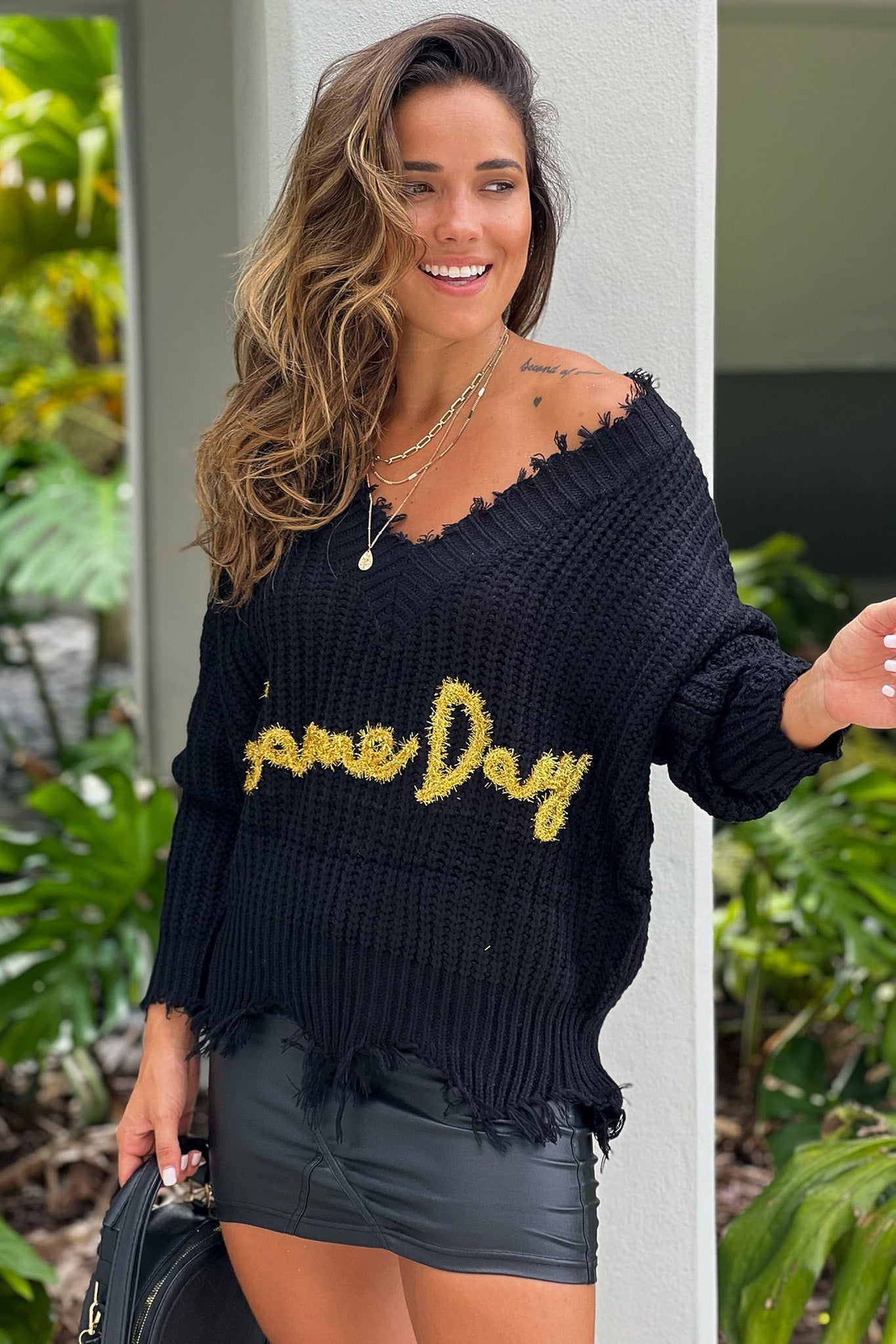 Black V-Neck Frayed "Game Day" Sweater