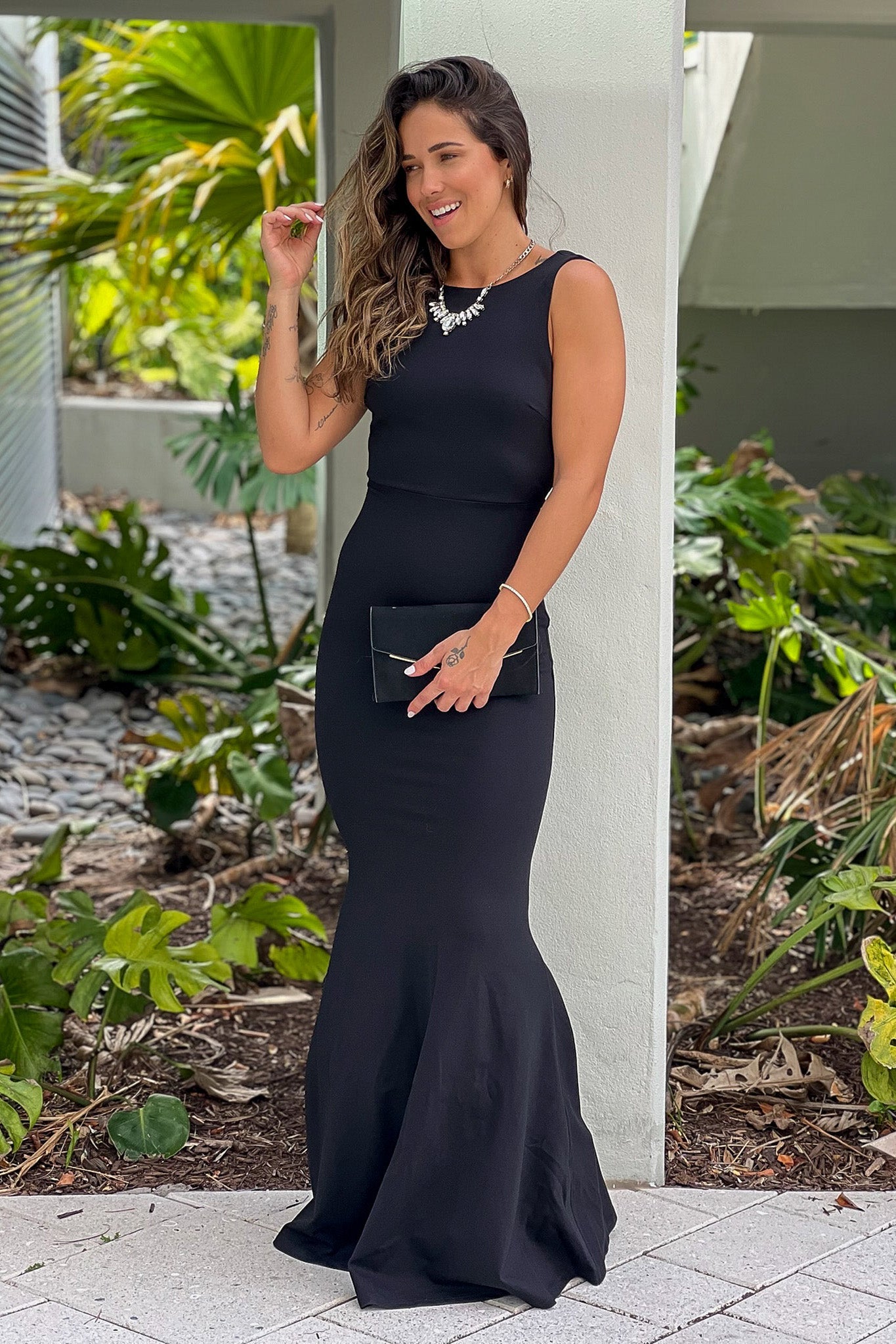 Black Maxi Dress With Open Back And Bow