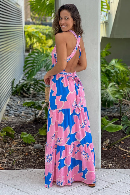 Blue And Pink Printed Maxi Dress With Criss Cross Back