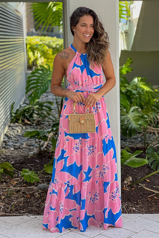 Robe longue imprimée bleue et rose avec dos croisé