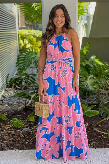 Blue And Pink Printed Maxi Dress With Criss Cross Back