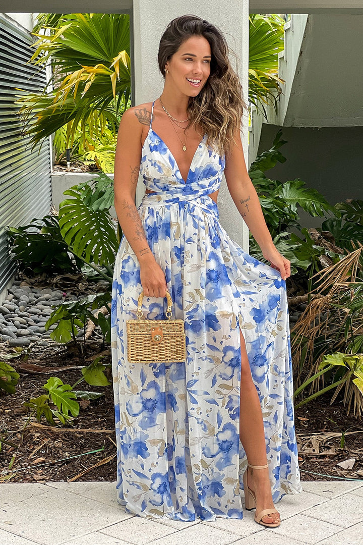 Blue Floral Maxi Dress With Cut Out And Slit