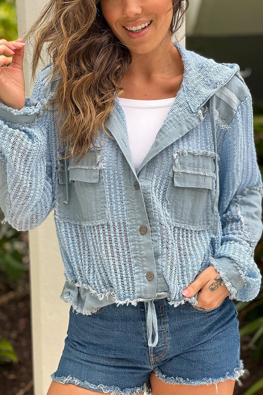 Blue Open Knit Button Down Hooded Shirt Top