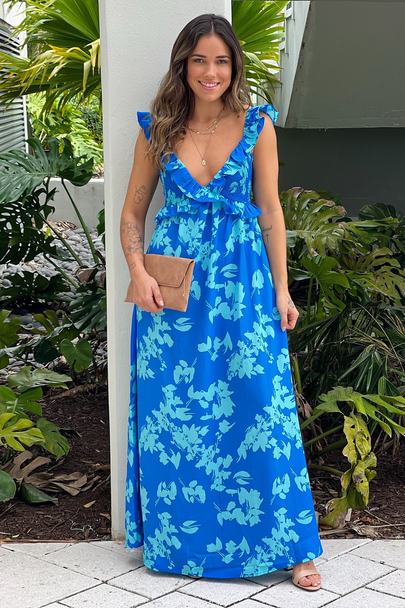 Blue Printed Ruffled Top Maxi Dress