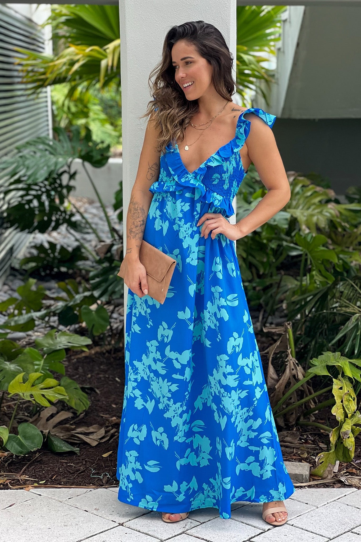 Blue Printed Ruffled Top Maxi Dress