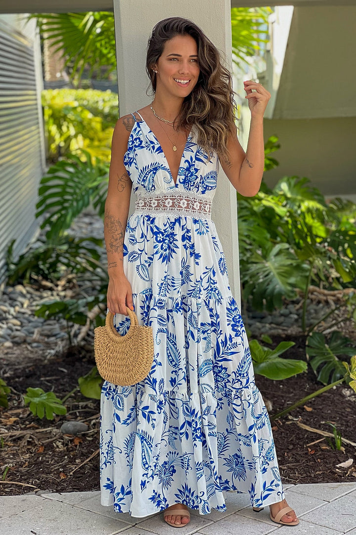Blue Printed Maxi Dress With Lace Detail