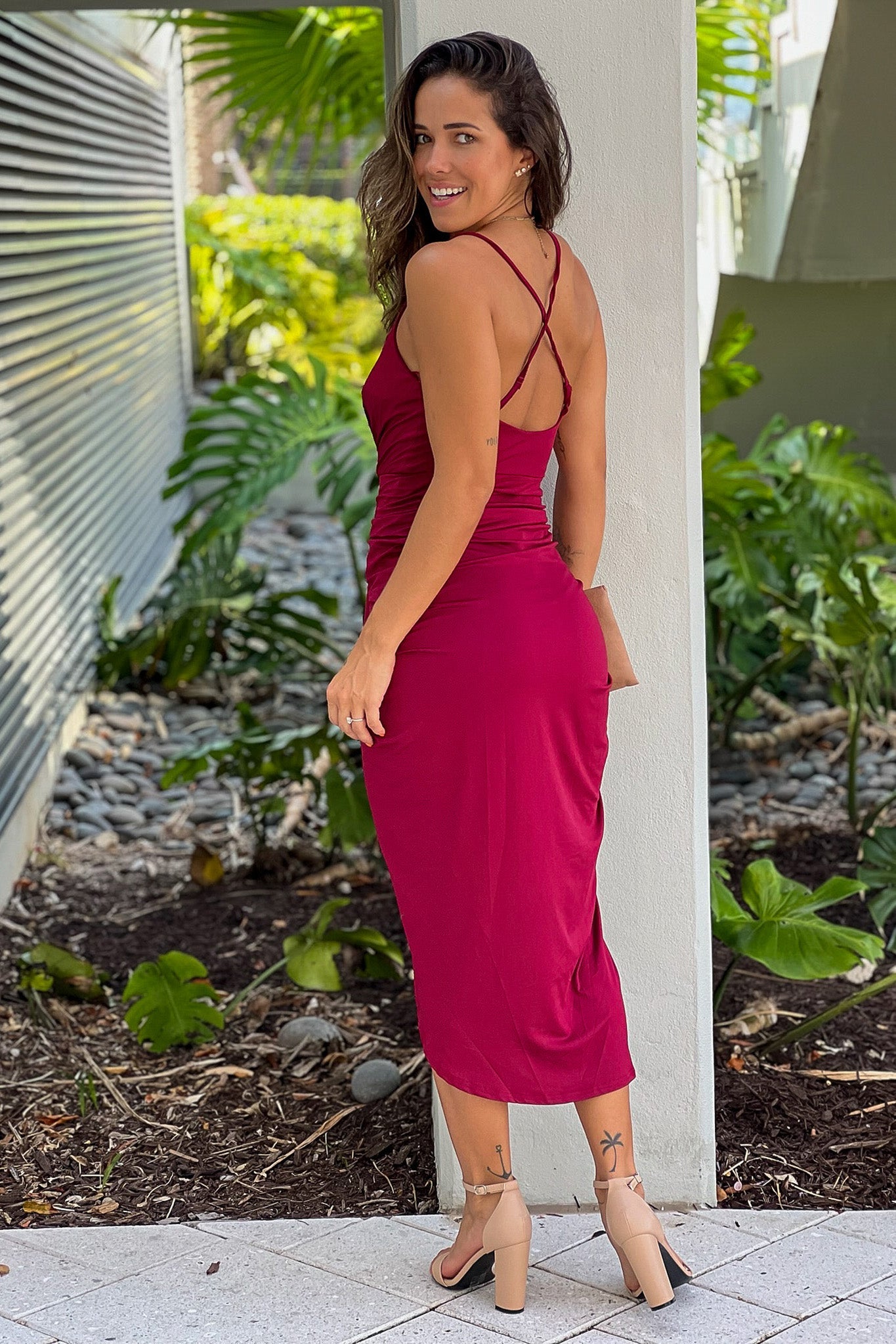 Burgundy Midi Dress With Criss Cross Back