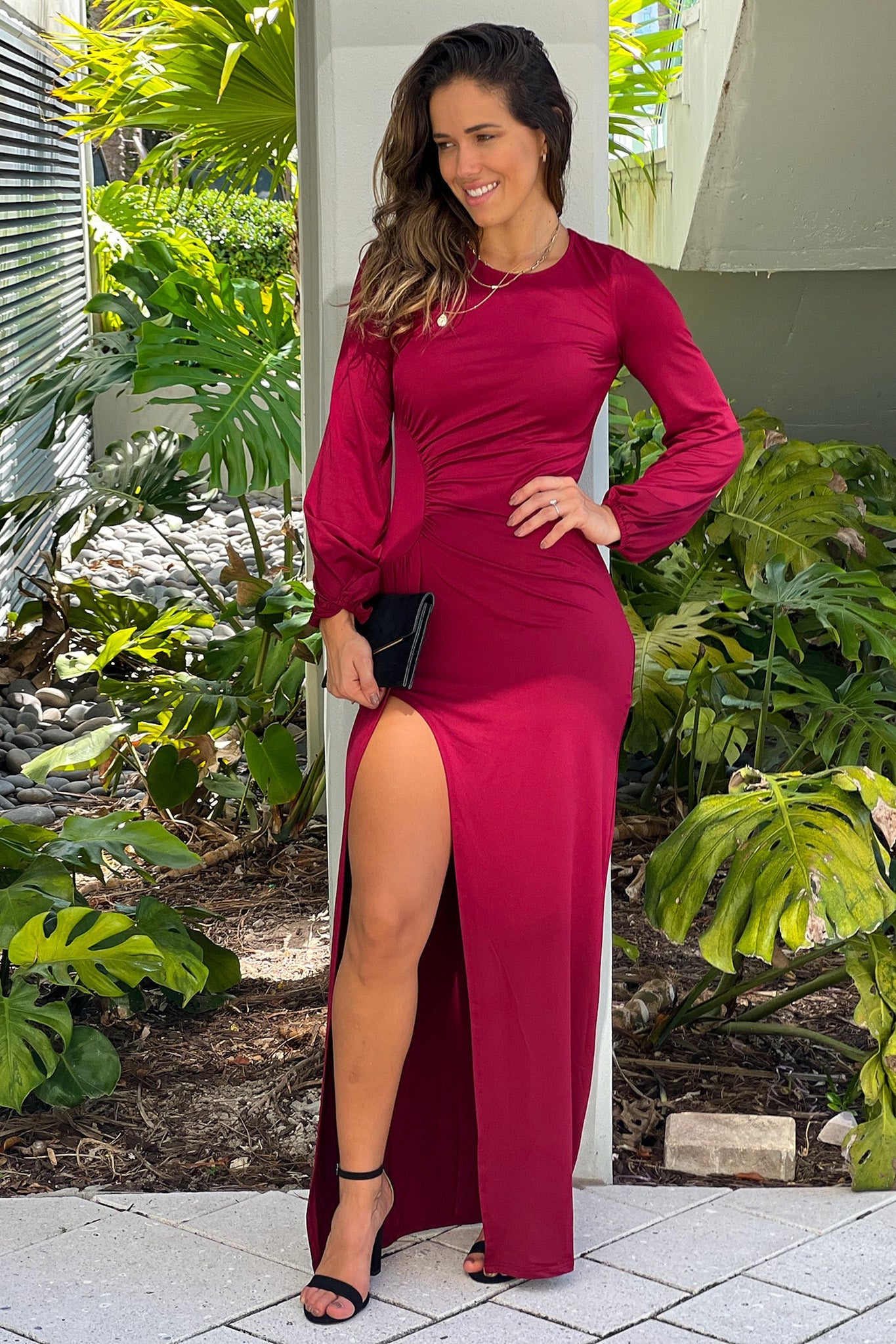 Burgundy Long Sleeves Maxi Dress With Slit