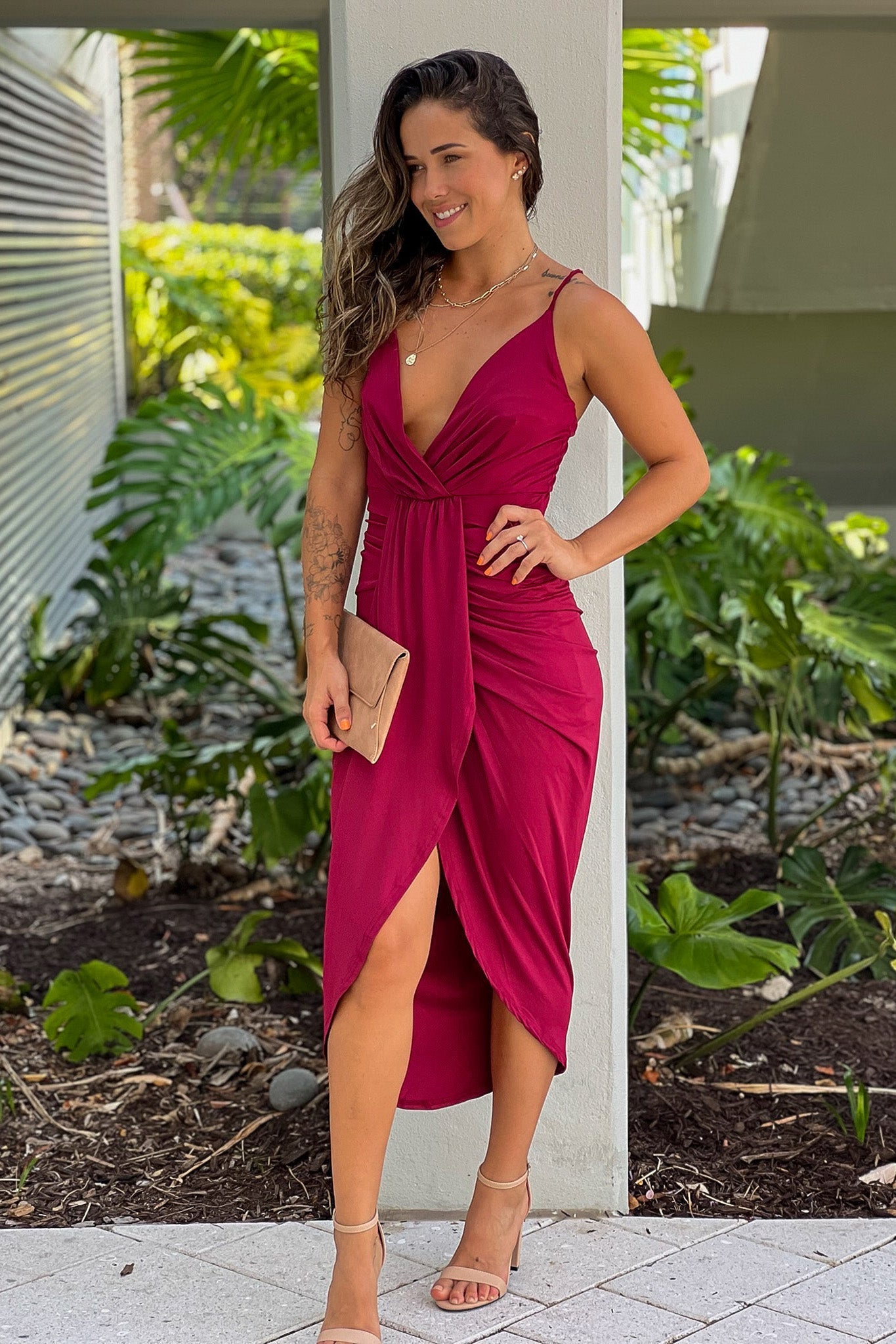 Burgundy Midi Dress With Criss Cross Back