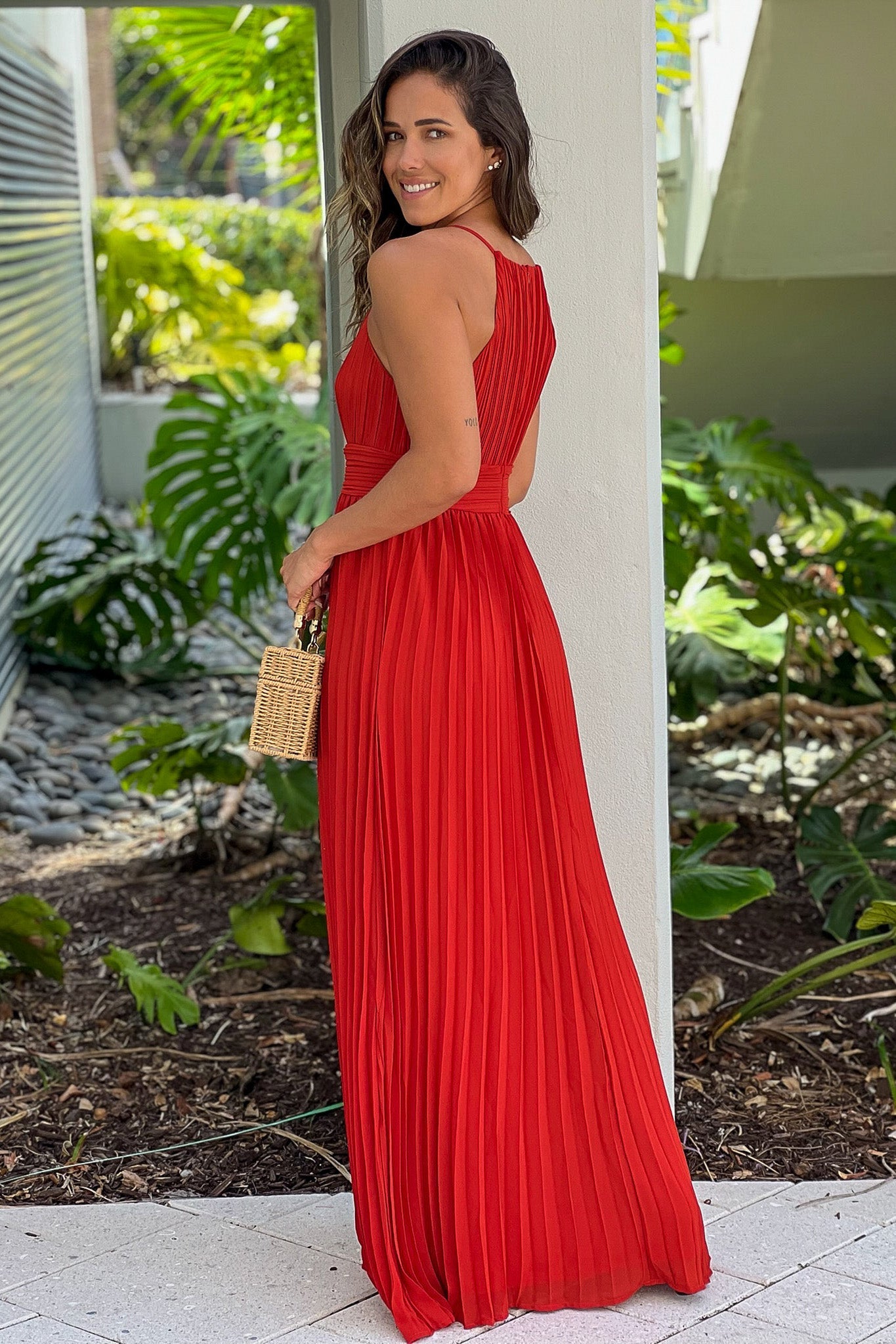 Burnt Orange Pleated Maxi Dress