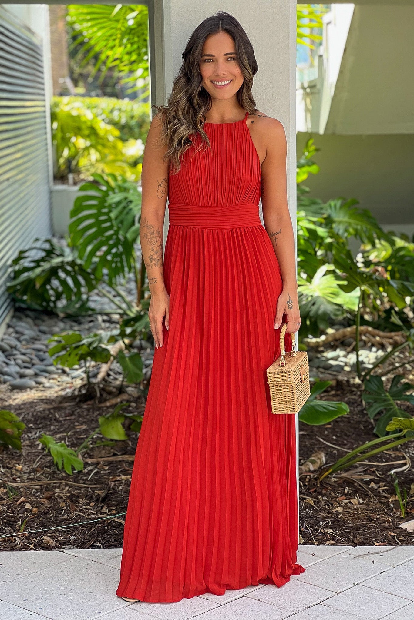 Burnt Orange Pleated Maxi Dress