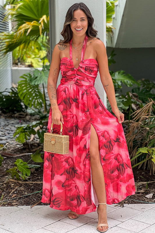 Coral Printed Midi Dress With Cut Out And Slit